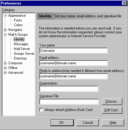Netscape Identity settings